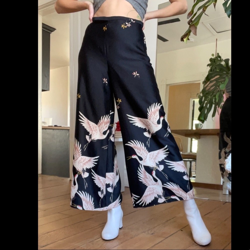 Satin Wide-leg Crane Print Pants